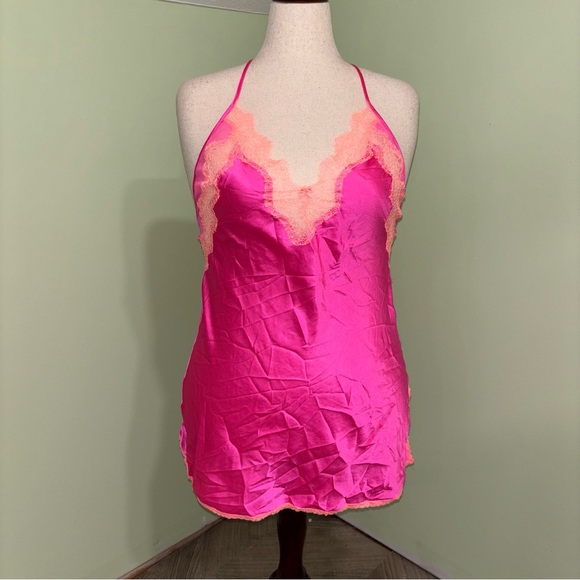 Victoria's Secret Other - Victoria’s Secret Pink Satin Lace V-neck Chemise Open Back Fairy Women’s Sz L